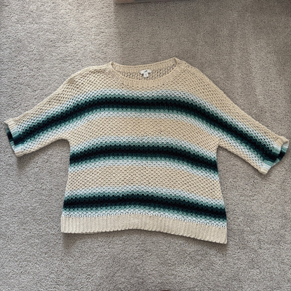 J.Jill Open Knit Linen Blend Striped Top 3/4 Sleeve Boho Coastal Beach Travel MP